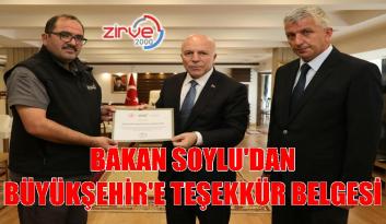 Bakan Soylu’dan Büyükşehir’e teşekkür belgesi
